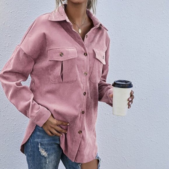 Pink Boyfriend oversized Button Front Corduroy sha - Picture 5 of 6